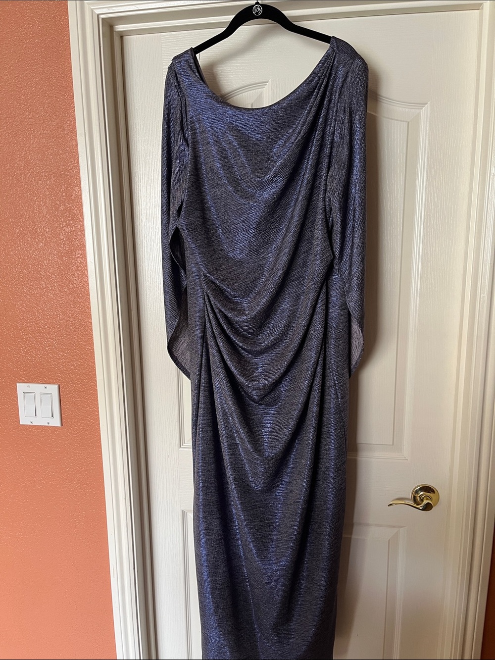Elegant Metallic Slate Purple Shimmer Long Sleeve Draped Evening Dress